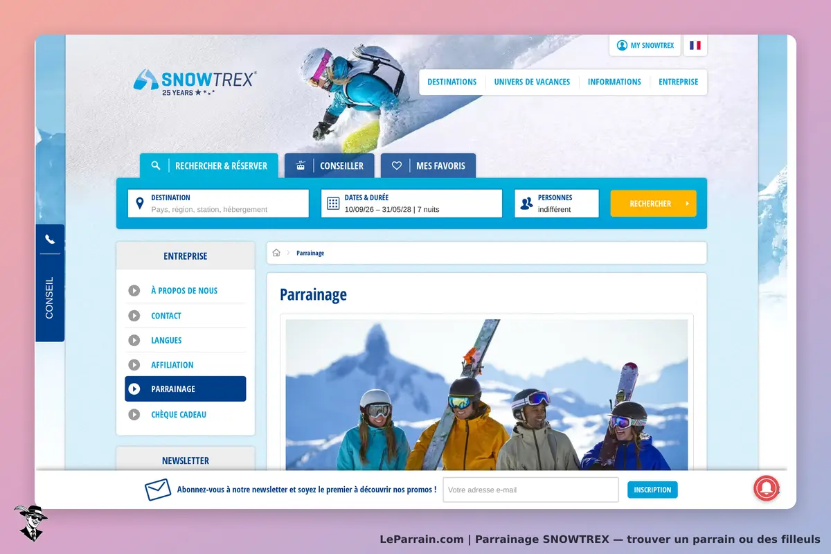 SNOWTREX : page d'accueil avec options de recherche et section parrainage visible