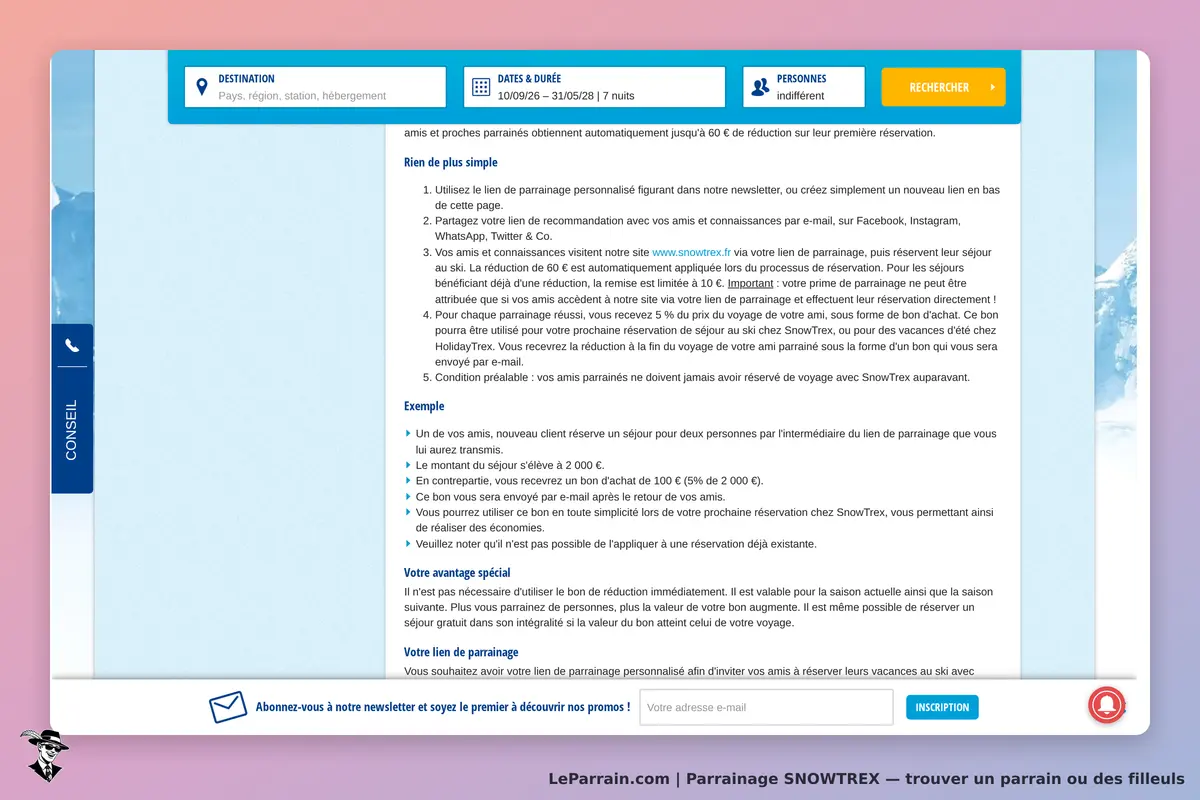 SNOWTREX : page d'informations sur le parrainage avec exemples et conseils. Formulaire
