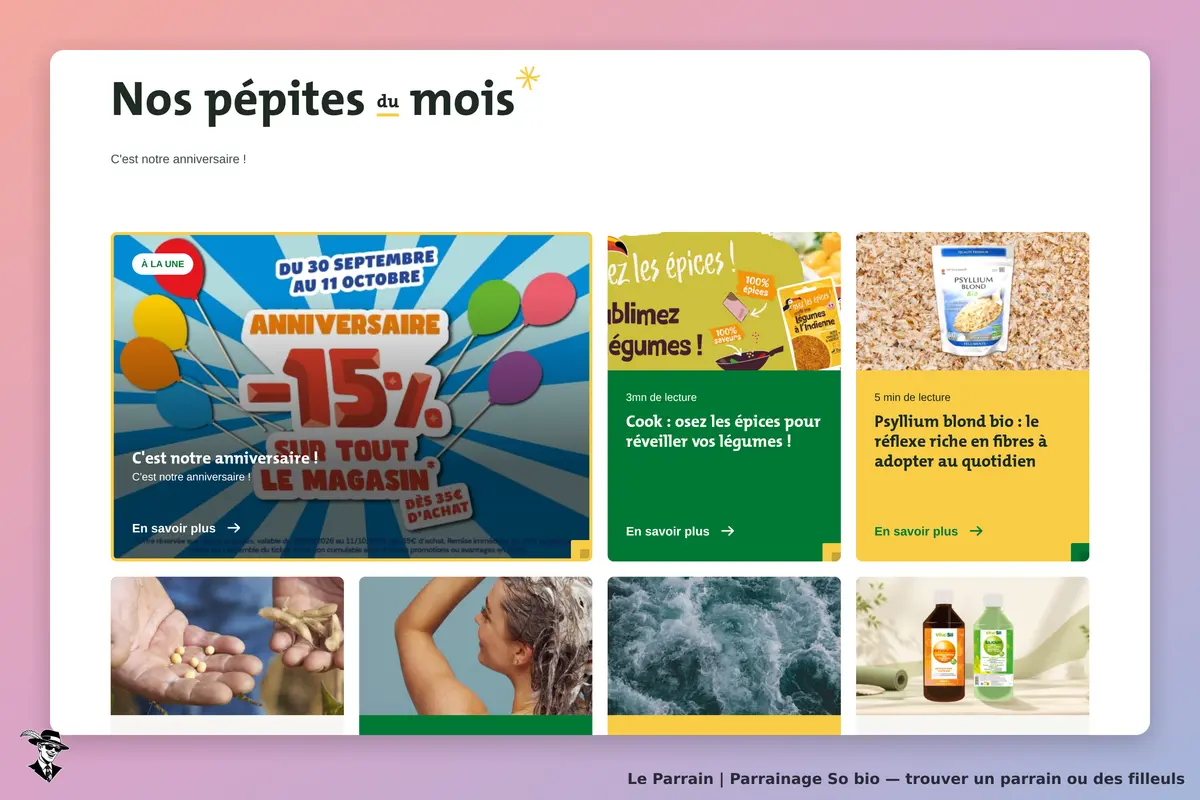 So bio : page d'accueil présentant des promotions et des articles variés avec des visuels colorés