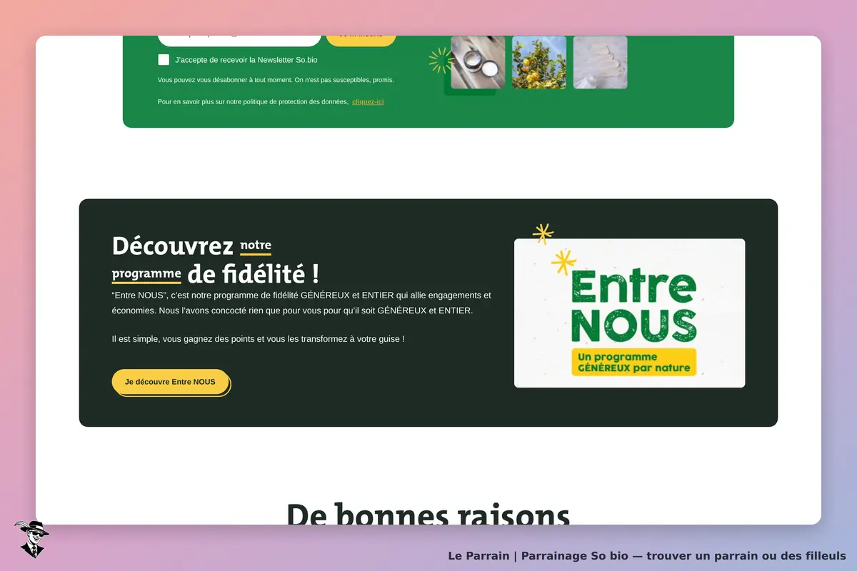 So bio : section présentant le programme de fidélité "Entre NOUS" sur la page d'accueil