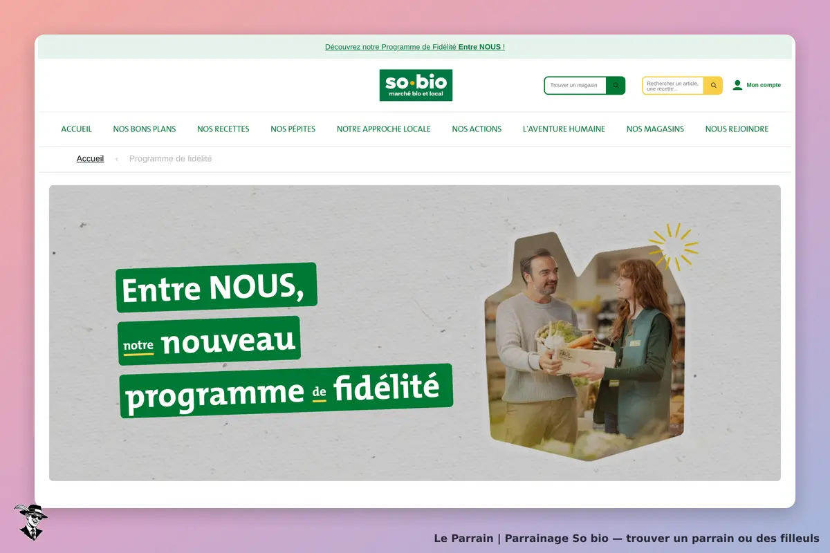 So bio : page d'accueil avec un message sur le programme de fidélité et une image de clients