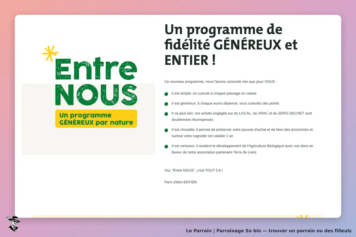 So bio : présentation du programme de fidélité "Entre NOUS" avec ses avantages et engagements