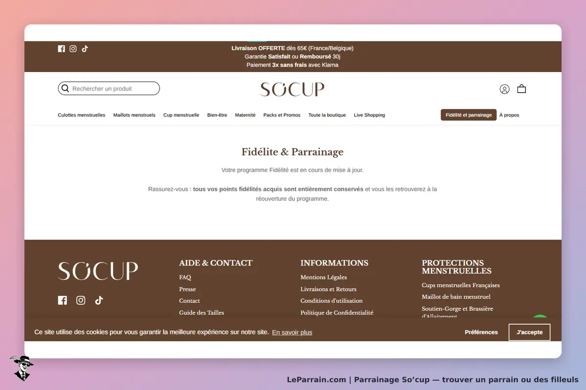 So’cup : page d'accueil avec sections sur fidélité, parrainage et informations de contact