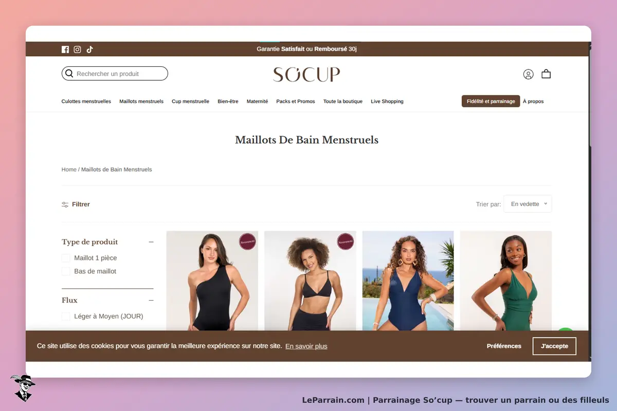 So’cup : page présentant des maillots de bain menstruels avec filtres et options de tri