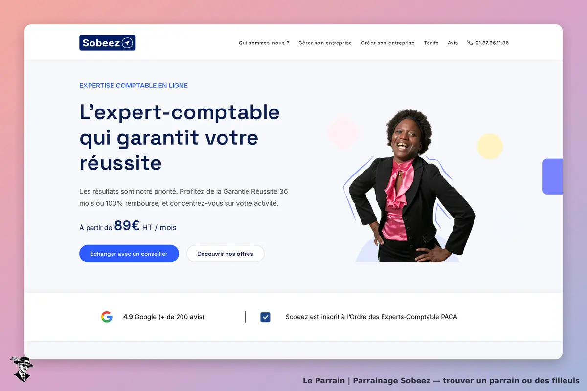 Sobeez : page d'accueil présentant un expert-comptable souriant et des services d'expertise en