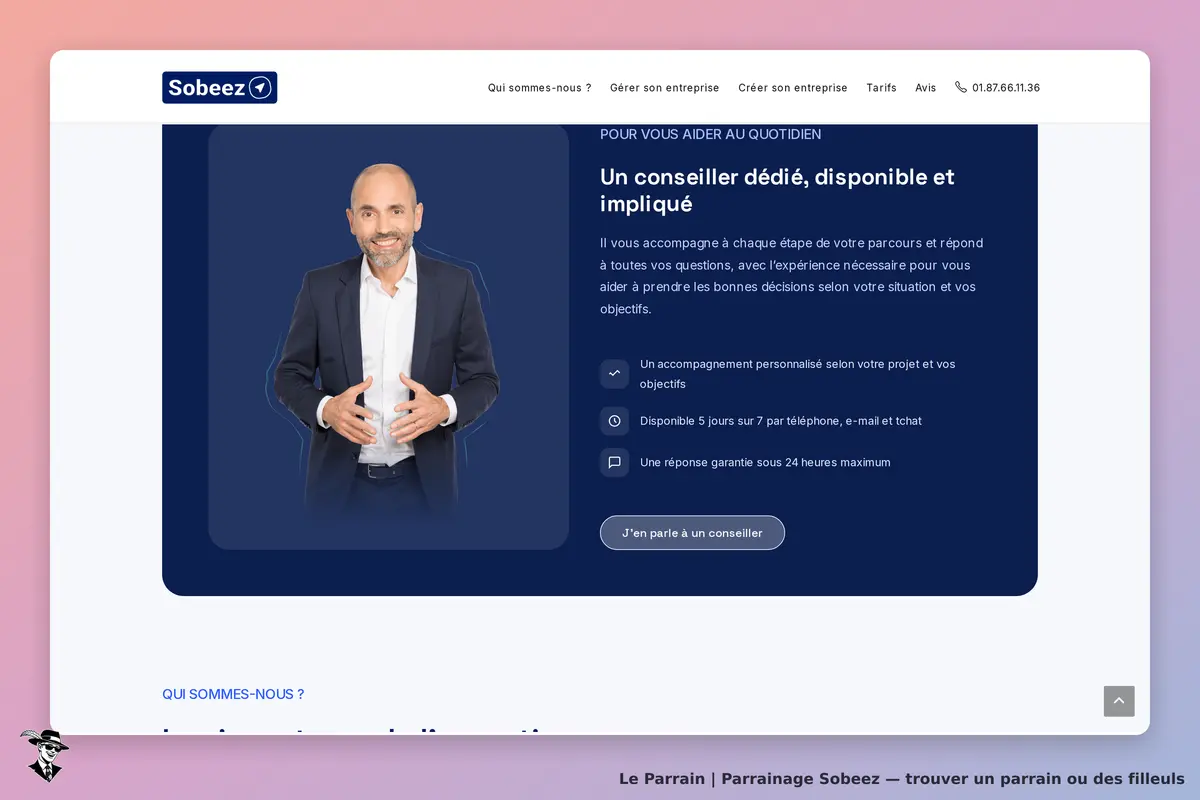 Sobeez : page d'accueil avec un conseiller et des informations sur l'accompagnement proposé