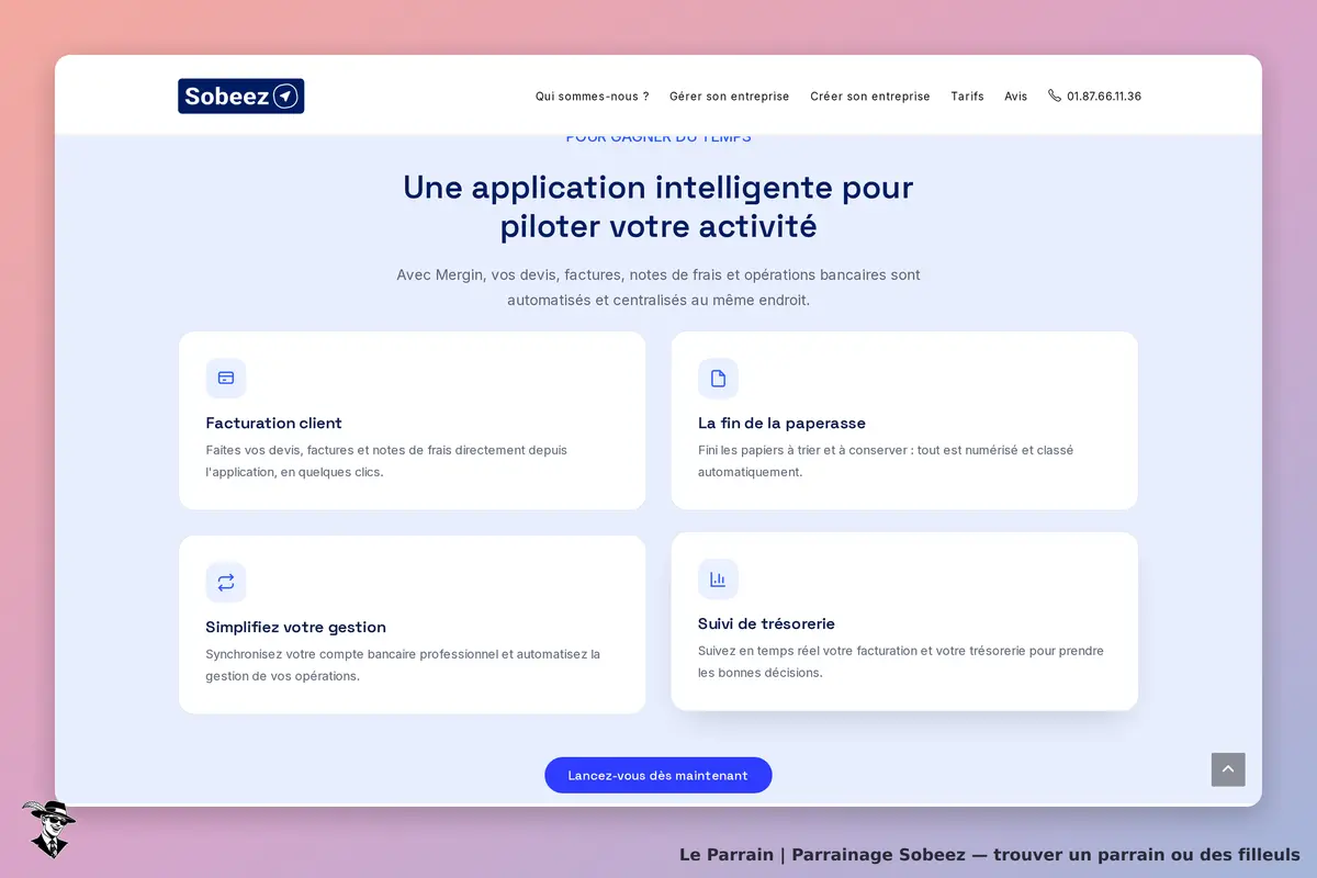 Sobeez : page d'accueil présentant les fonctionnalités de l'application de gestion