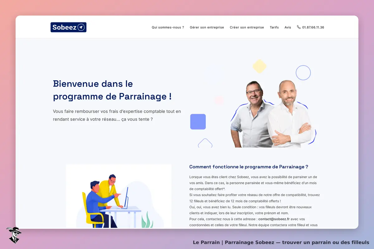 Sobeez : page d'accueil du programme de parrainage avec deux personnes et un texte explicatif