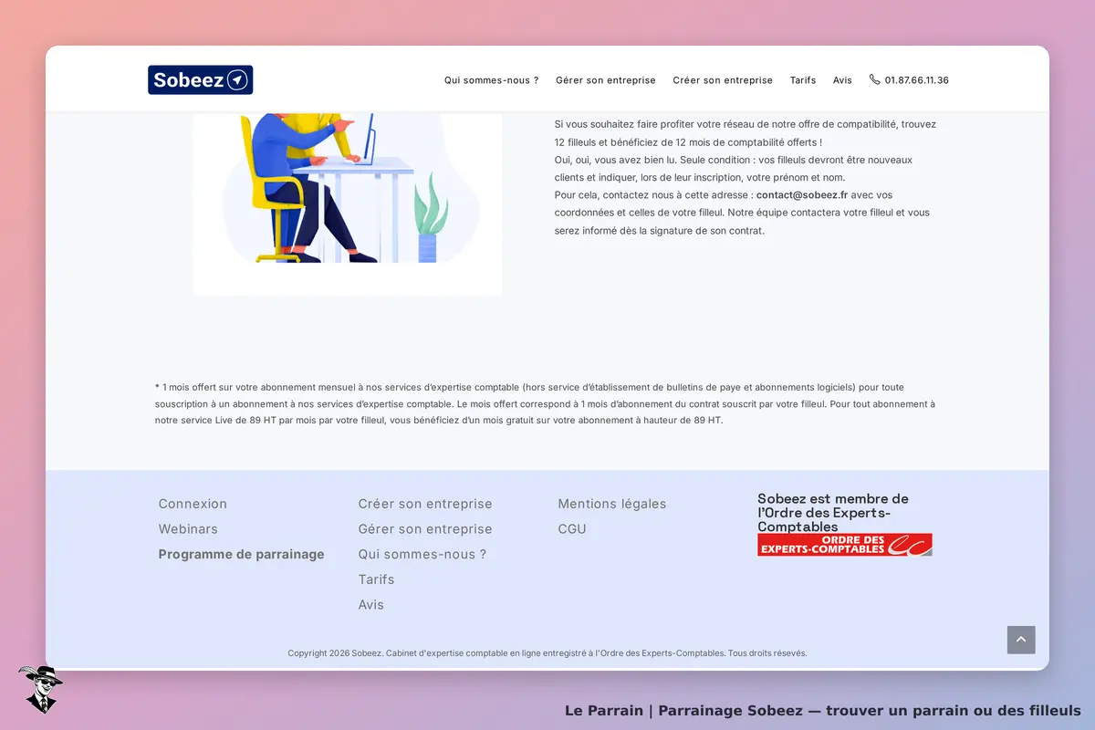 Sobeez : page d'accueil avec informations sur le programme de parrainage et illustration d'un