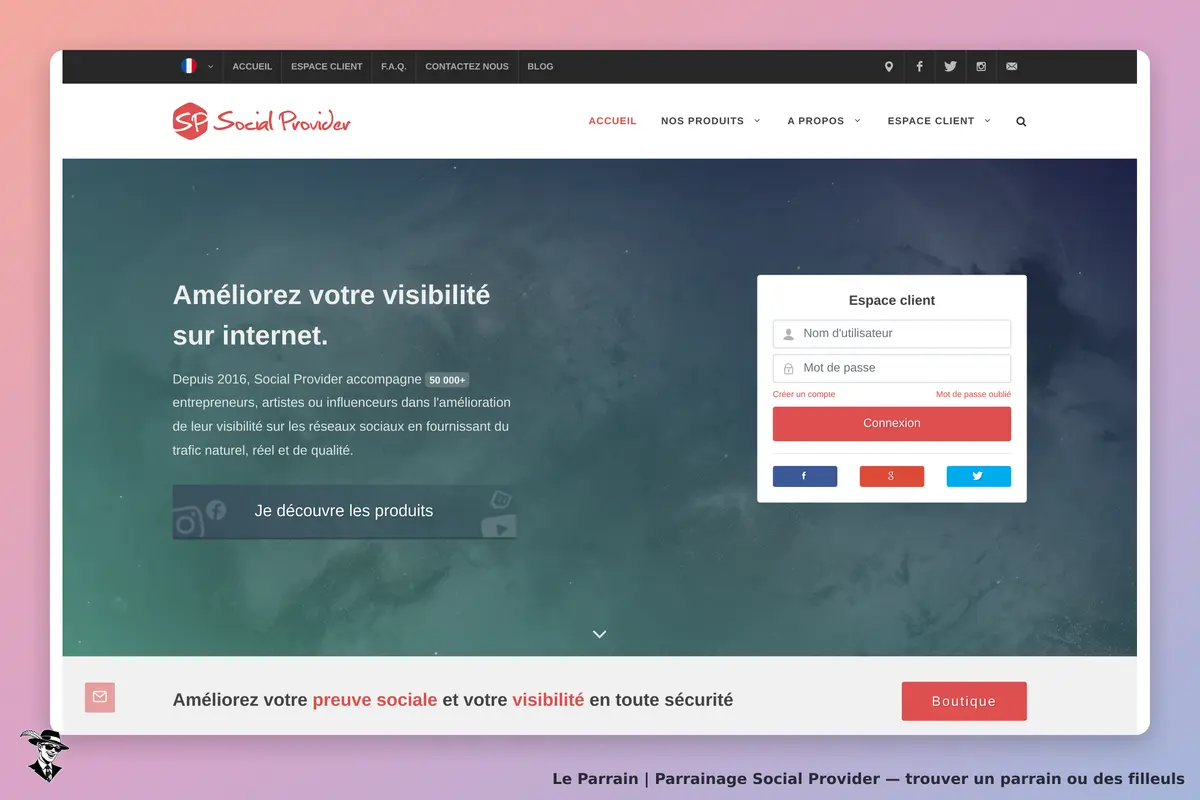 Social Provider : page d'accueil avec un formulaire de connexion et un bouton pour découvrir les