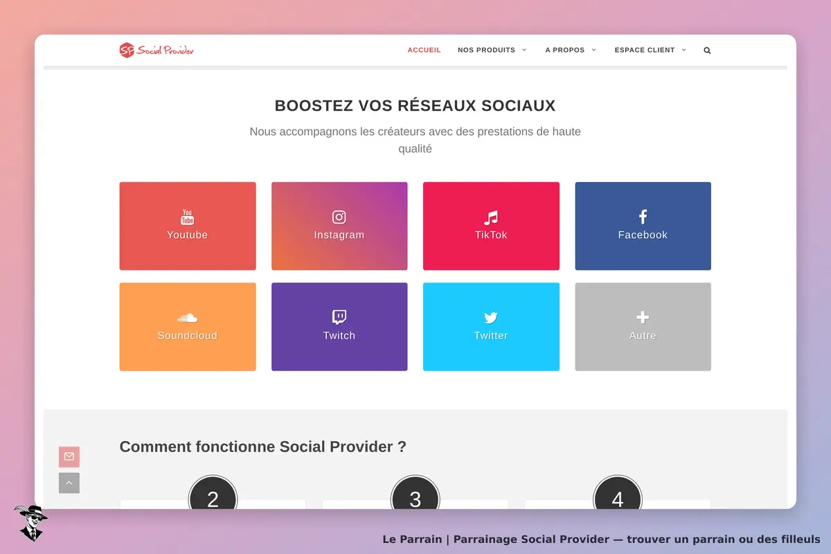 Social Provider : page d'accueil avec des icônes de réseaux sociaux et un texte d'introduction