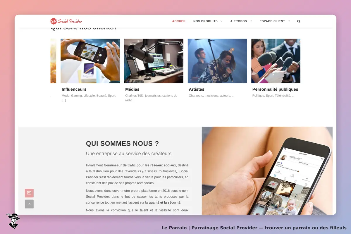 Social Provider : page d'accueil présentant des catégories de clients et un aperçu de l'entreprise
