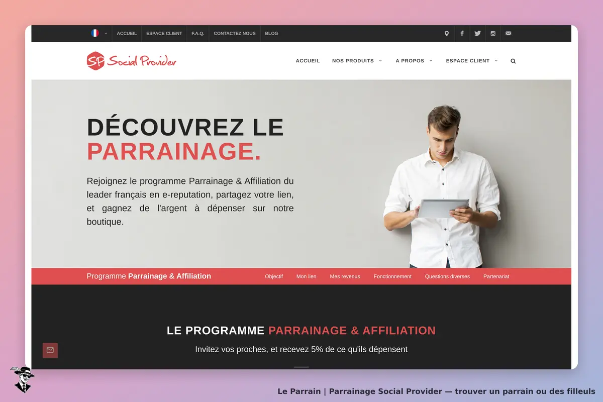 Social Provider : page d'accueil présentant le programme de parrainage et un utilisateur avec une