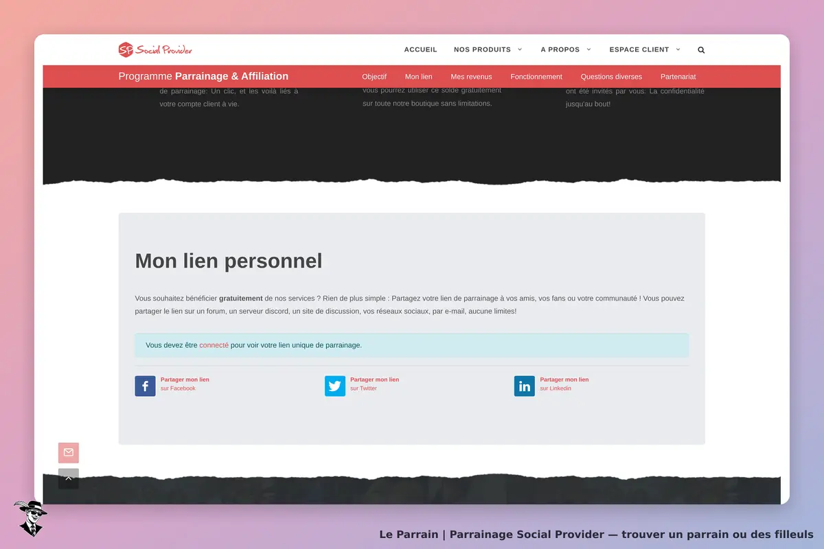 Social Provider : section avec le lien personnel de parrainage et options de partage sur réseaux