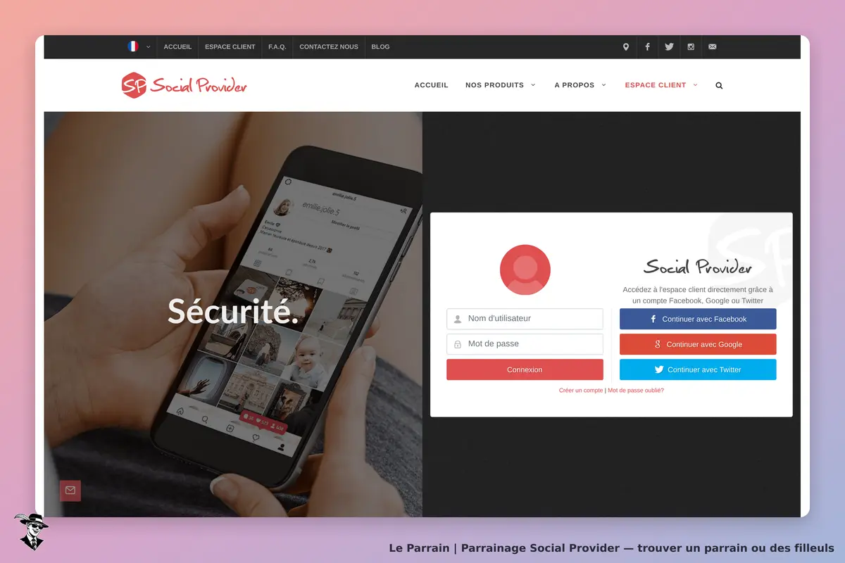 Social Provider : page d'accueil avec un smartphone affichant un profil et un formulaire de