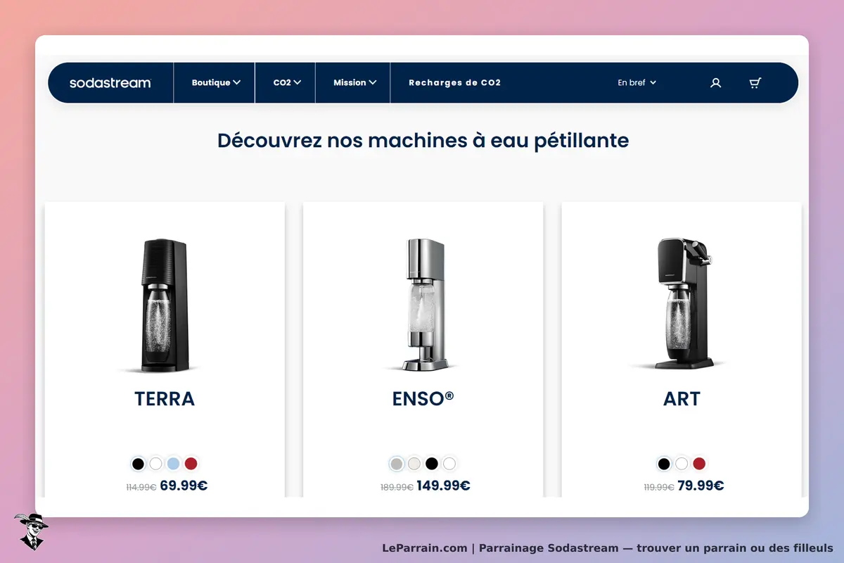 Sodastream : présentation de trois machines à eau pétillante avec leurs noms et couleurs