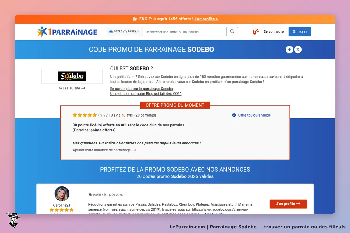 Sodebo : page d'accueil avec informations sur le parrainage et avis des utilisateurs