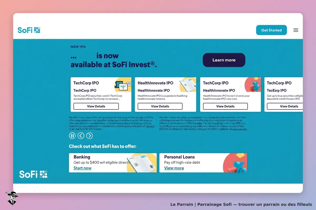 Sofi : page d'accueil présentant plusieurs IPO avec boutons pour voir les détails