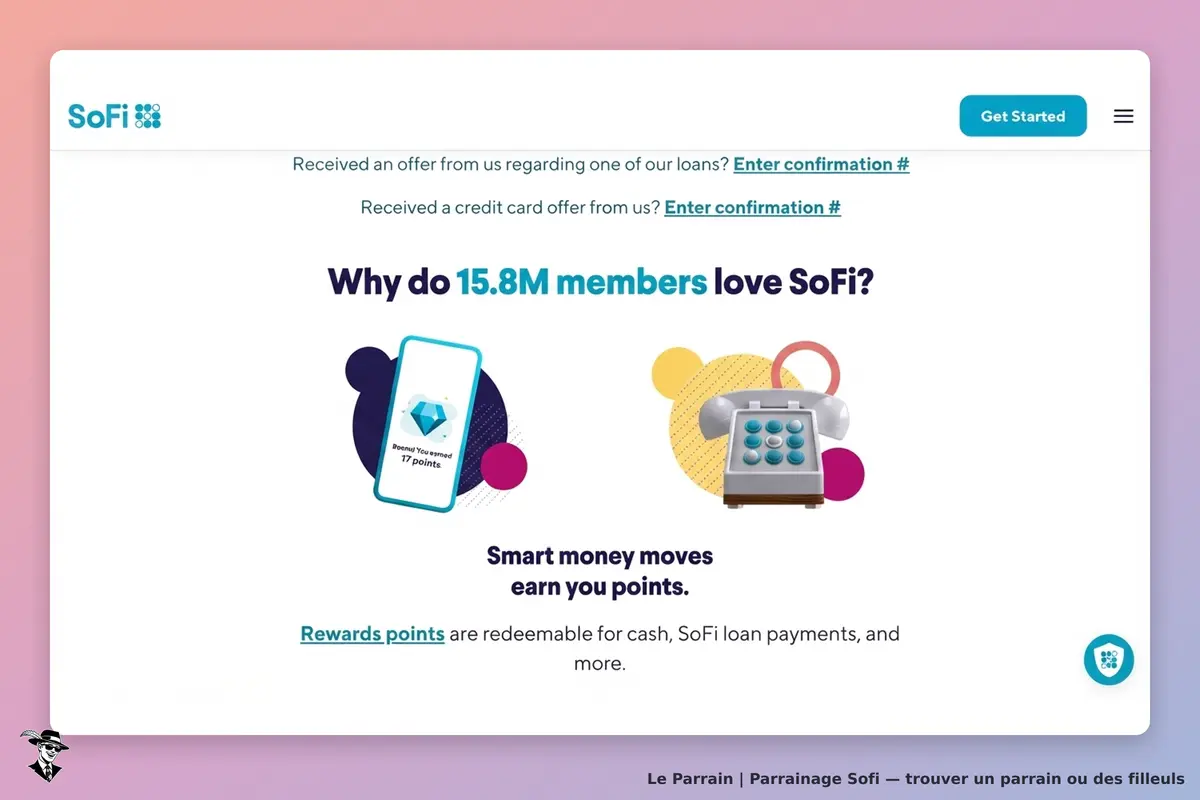 Sofi : page d'accueil avec illustrations de points de récompense et d'un téléphone