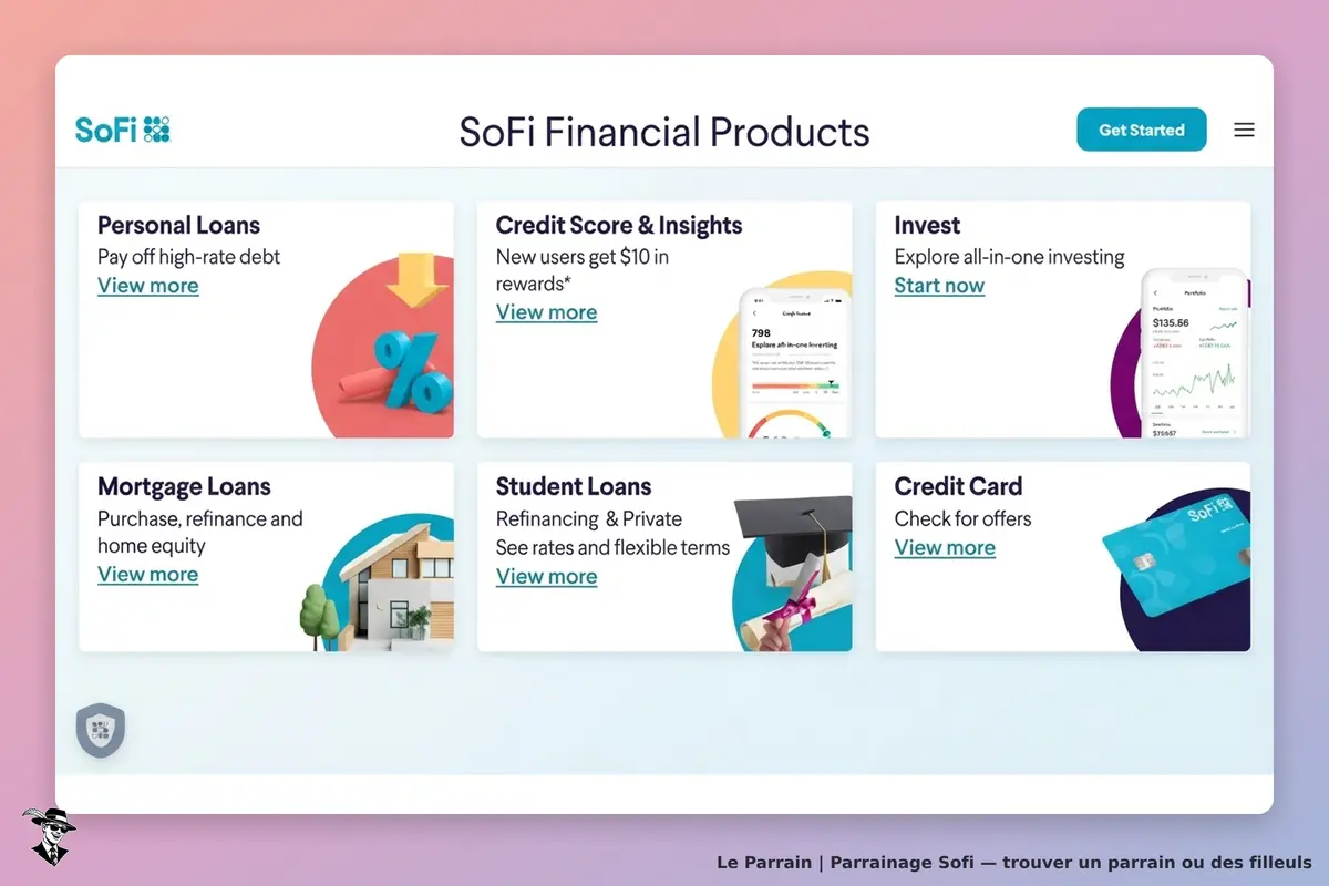 Sofi : page d'accueil présentant divers produits financiers avec icônes et descriptions