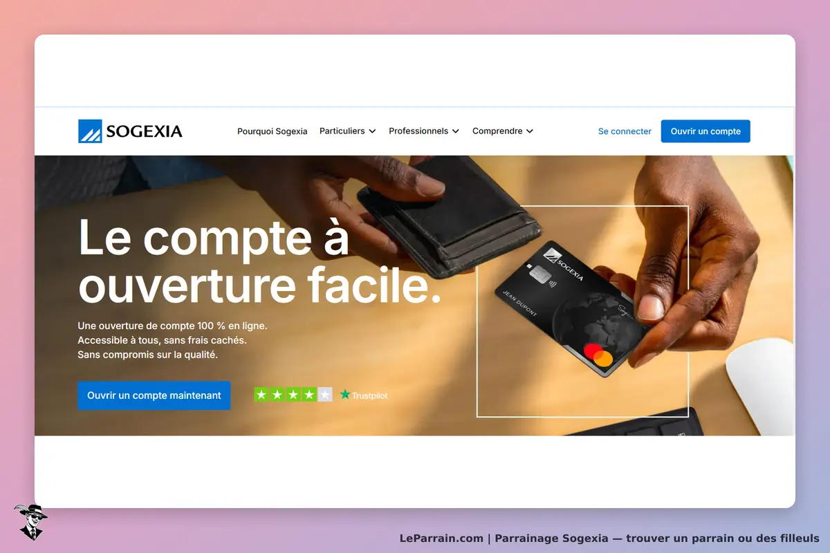 Sogexia : page d'accueil présentant un compte et une carte bancaire en cours de manipulation