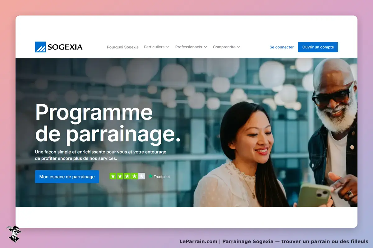 Sogexia : page d'accueil avec le programme de parrainage et deux personnes utilisant un smartphone