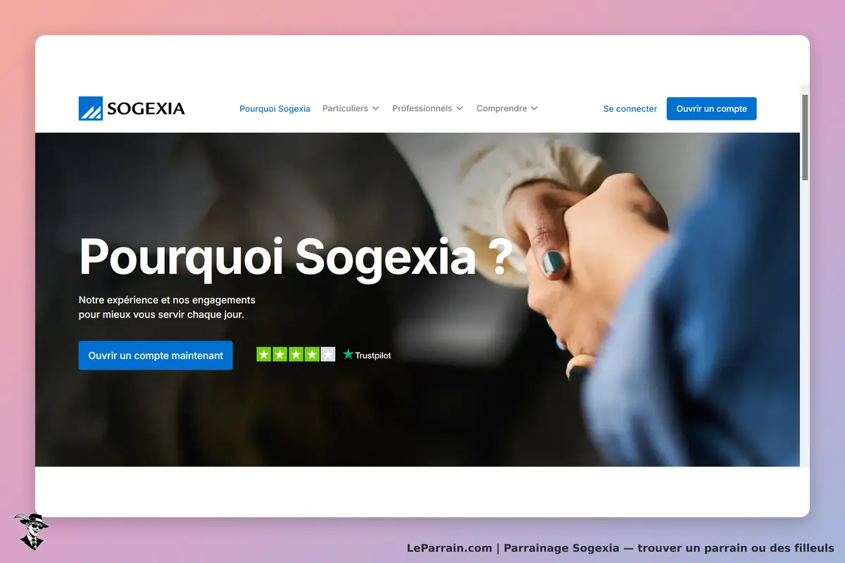 Sogexia : page d'accueil avec un message sur les engagements et une poignée de main