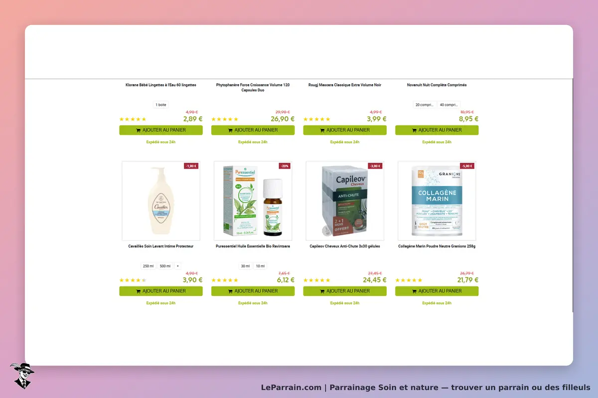 Soin et nature : plusieurs produits de soins affichés avec prix et options d'ajout au panier