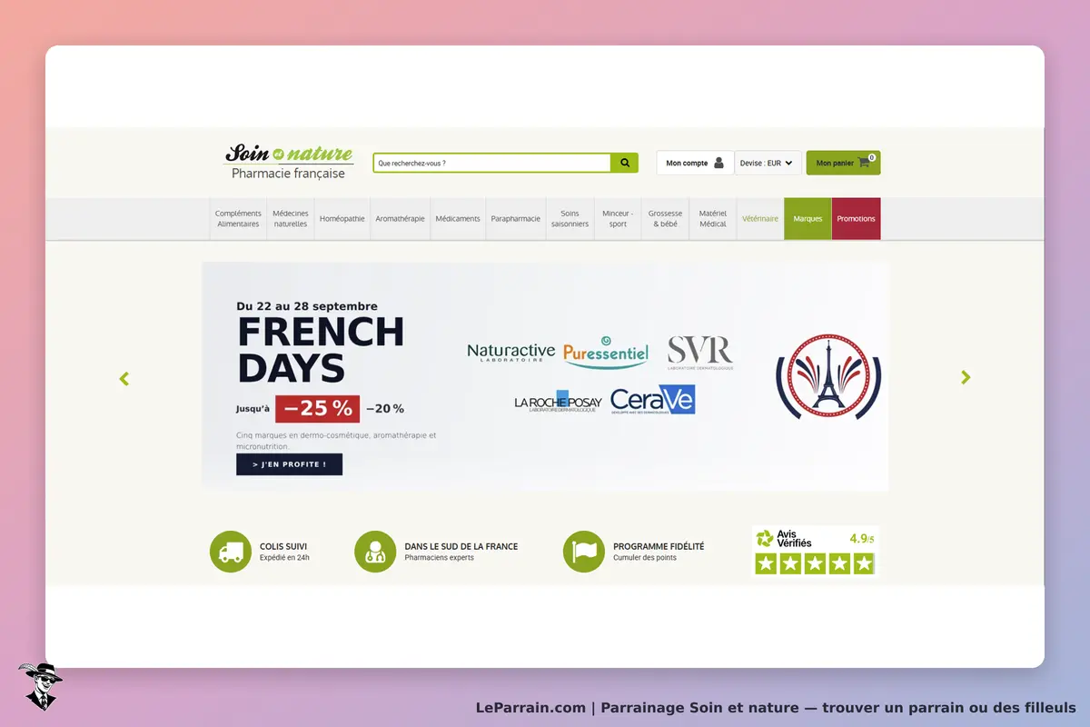 Soin et nature : page d'accueil avec promotions et logos de marques de produits de santé