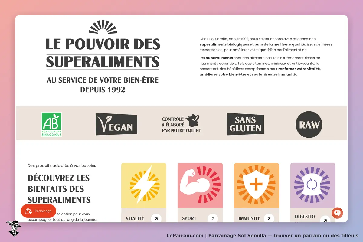 Sol Semilla : page d'accueil présentant les superaliments et leurs bienfaits pour le bien-être