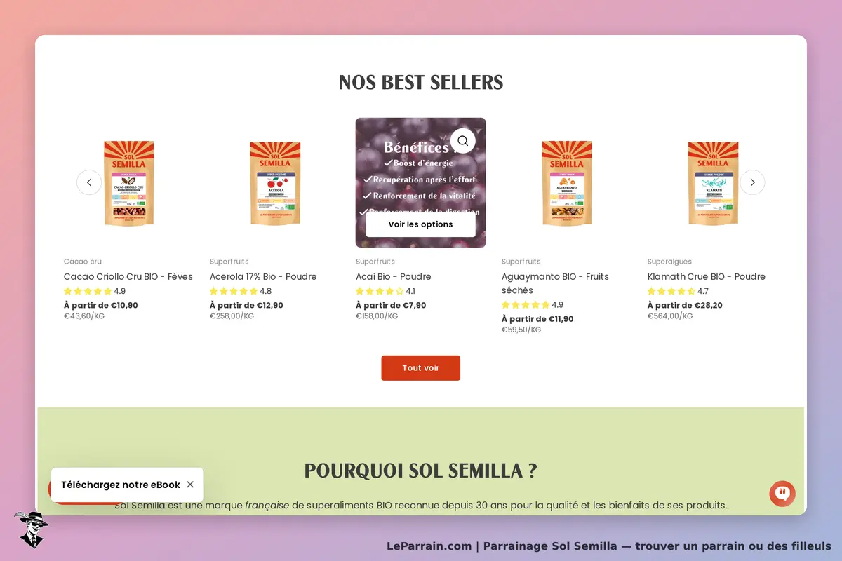 Sol Semilla : page d'accueil présentant les best sellers et un bouton pour télécharger un eBook