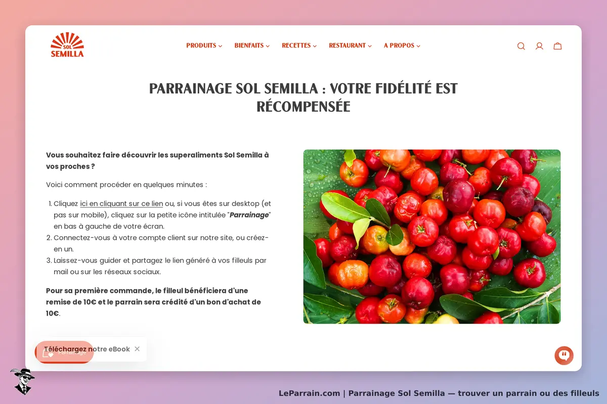Sol Semilla : page de parrainage avec des superaliments et un bouton de téléchargement d'eBook
