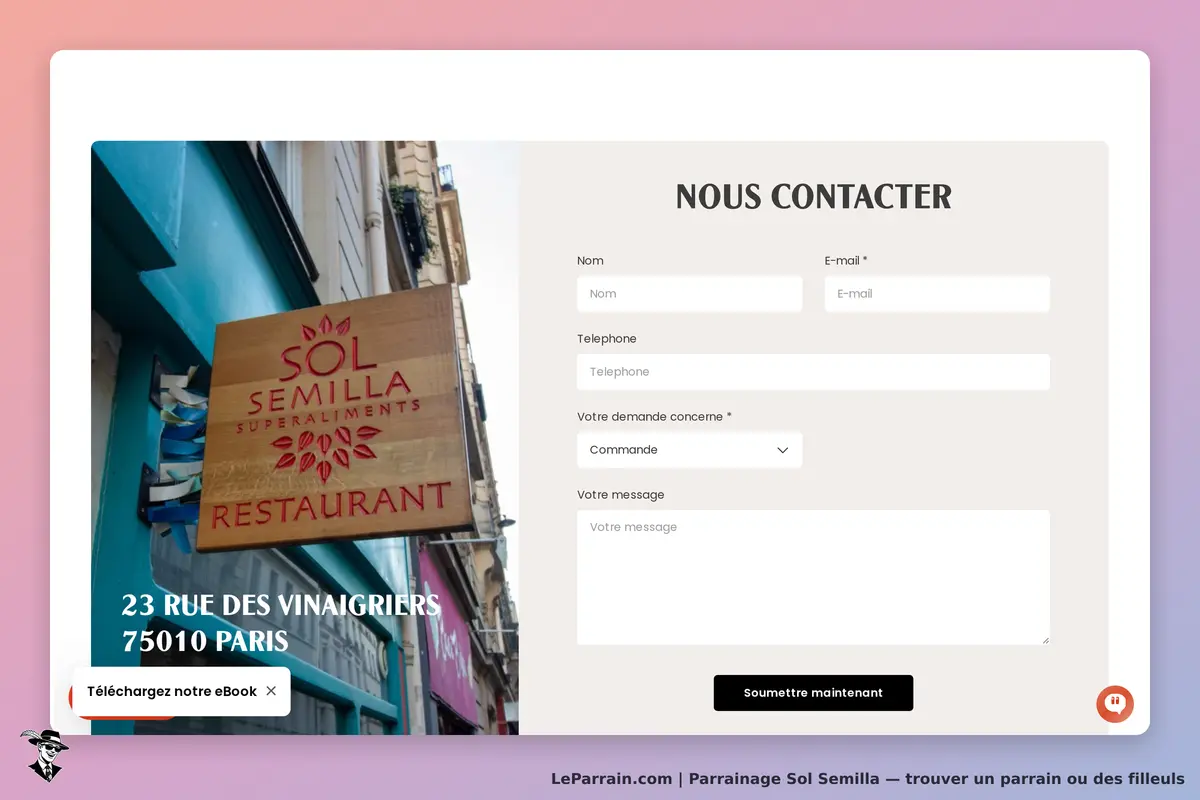 Sol Semilla : formulaire de contact avec adresse et enseigne du restaurant visible