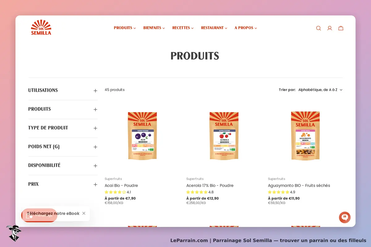 Sol Semilla : page des produits avec plusieurs sachets de superfruits en poudre et fruits séchés