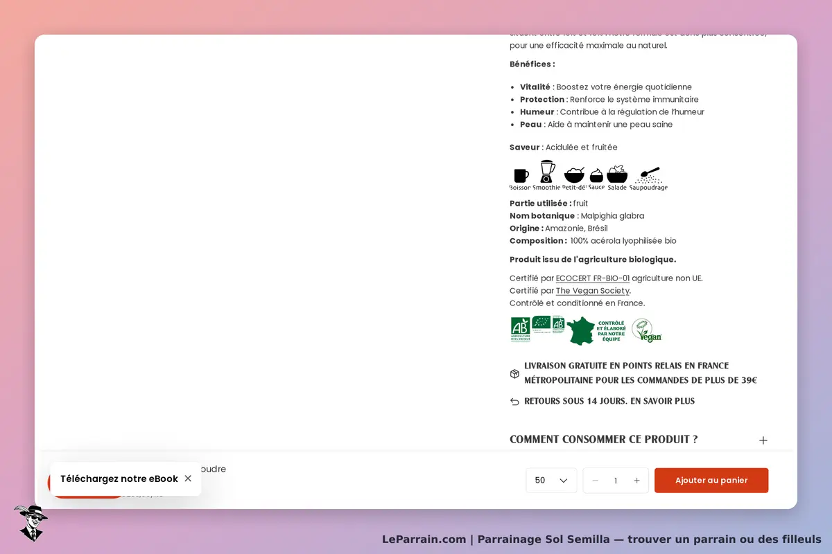 Sol Semilla : fiche produit avec description, bénéfices et certifications bio. Bouton d'ajout au