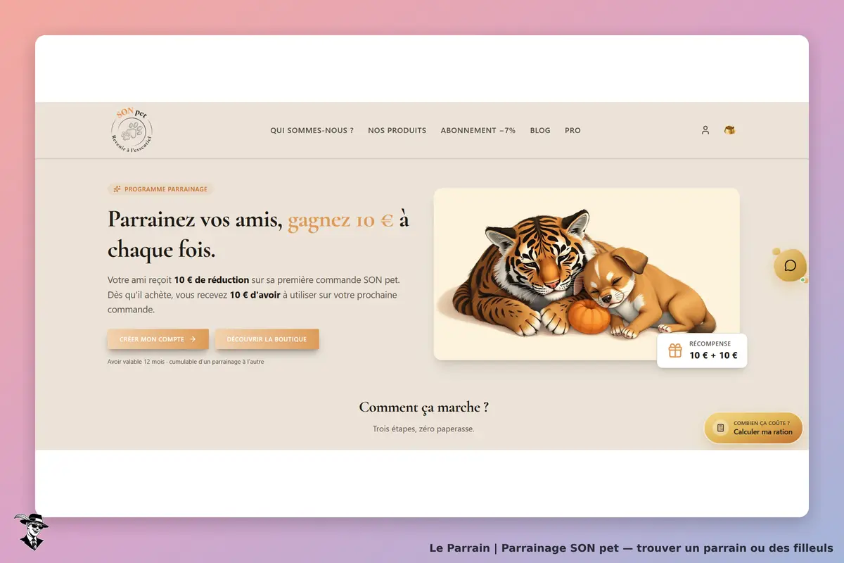 SON pet : page d'accueil avec un tigre et un chiot endormis, informations sur le parrainage