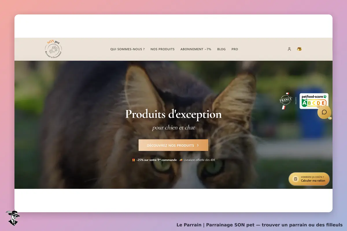 SON pet : page d'accueil avec un chat et un message sur des produits d'exception