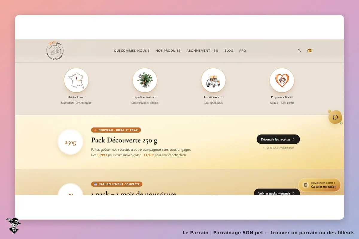 SON pet : page d'accueil avec des produits pour animaux et informations sur la livraison