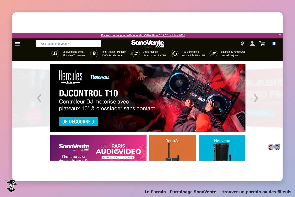 SonoVente : page d'accueil présentant le contrôleur DJ Hercules DJCONTROL T10 et des sections