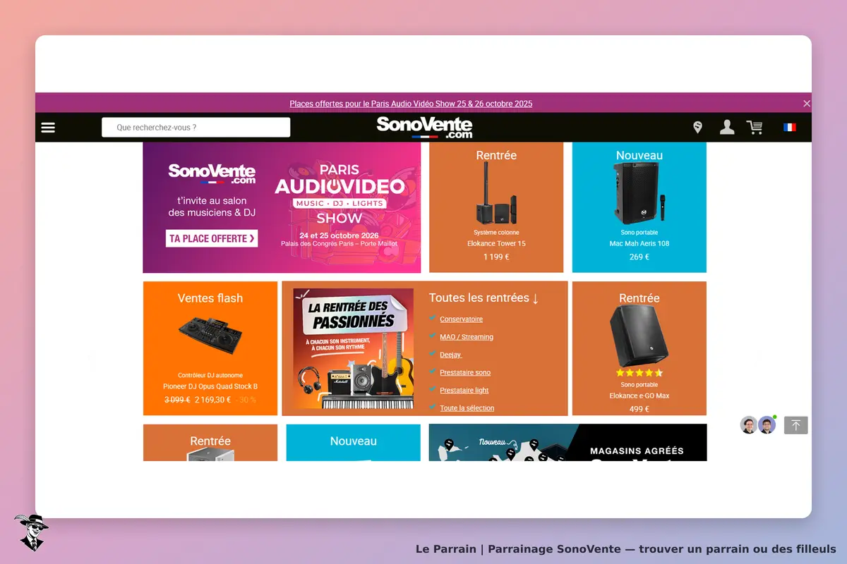 SonoVente : page d'accueil présentant divers produits audio et événements liés à la musique