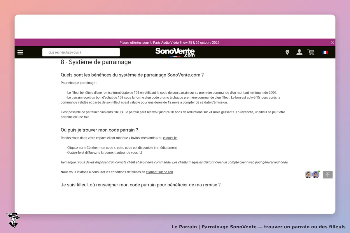 SonoVente : page sur le système de parrainage avec explications et instructions pour les