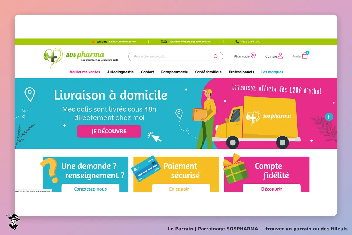 SOSPHARMA : page d'accueil avec livraison à domicile et divers services proposés