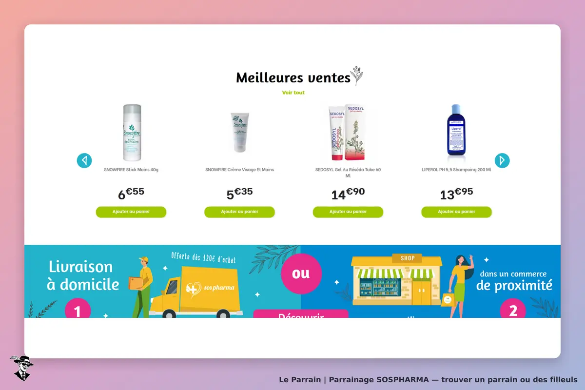 SOSPHARMA : page d'accueil avec produits en vente et options de livraison à domicile