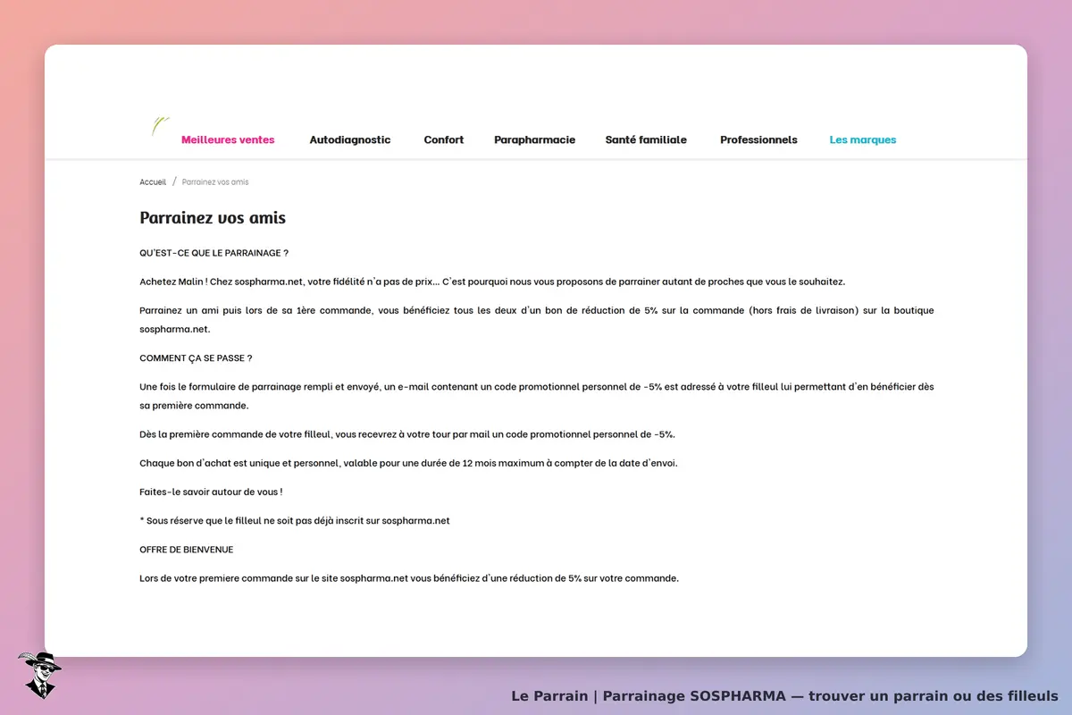 SOSPHARMA : page sur le parrainage avec explications et conditions d'inscription