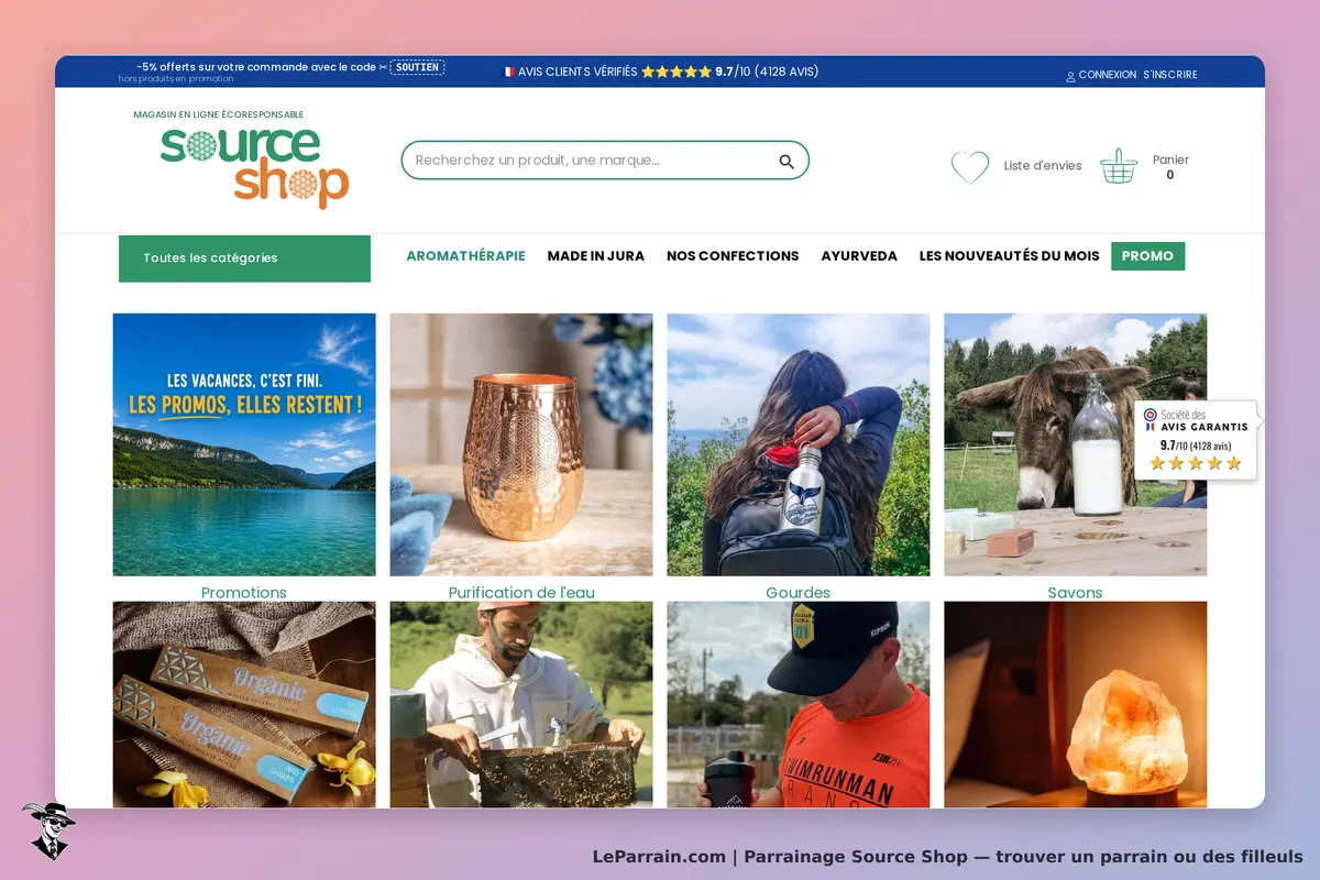 Source Shop : page d'accueil avec catégories de produits et images variées
