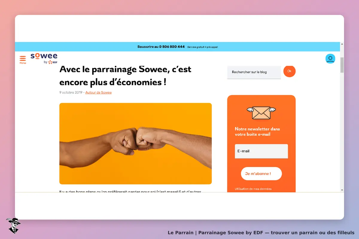 Sowee by EDF : page d'accueil avec un visuel de poings qui se touchent et un formulaire