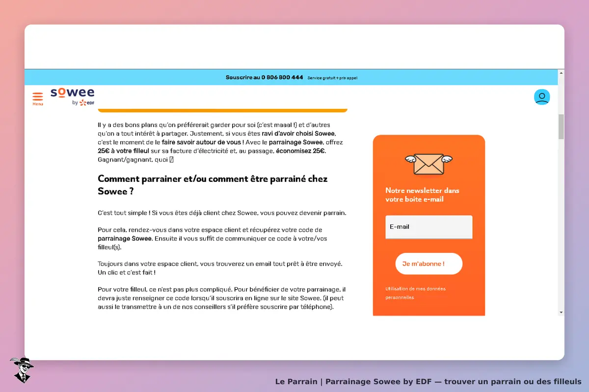 Sowee by EDF : page d'accueil avec informations sur le parrainage et formulaire d'inscription à la