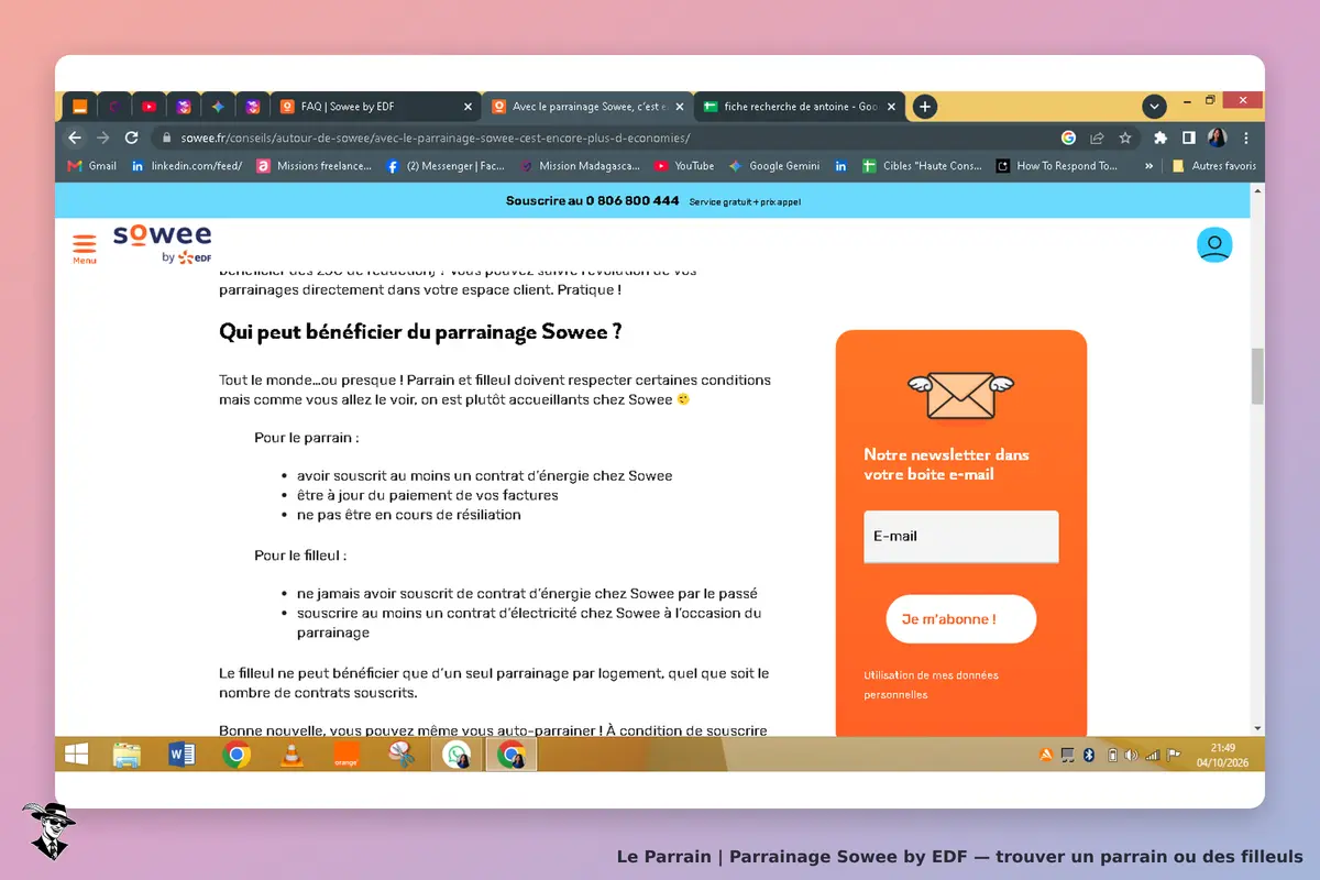 Sowee by EDF : section sur le parrainage avec conditions d'éligibilité et formulaire d'inscription