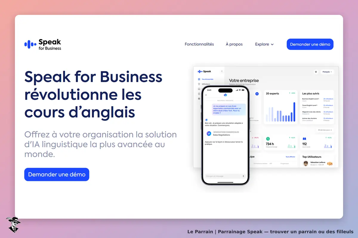 Speak : page d'accueil avec un smartphone affichant une conversation et des graphiques de données