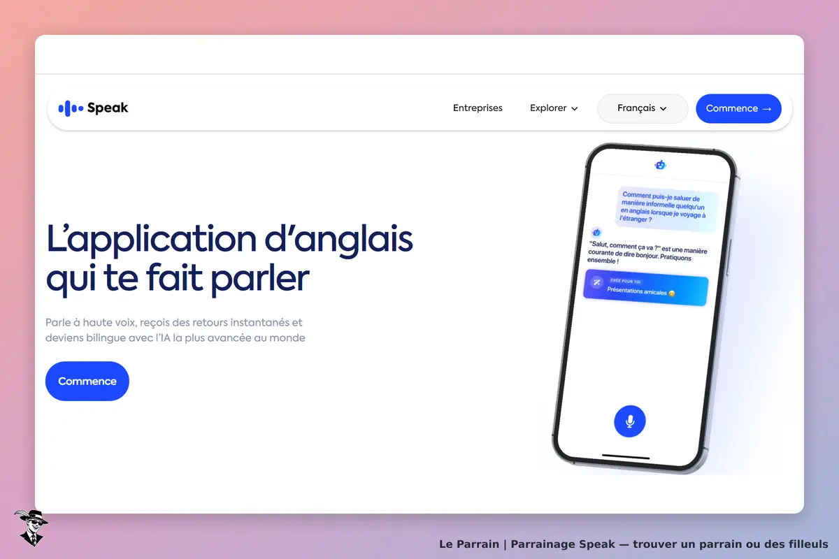 Speak : page d'accueil présentant l'application d'anglais sur un smartphone avec un dialogue